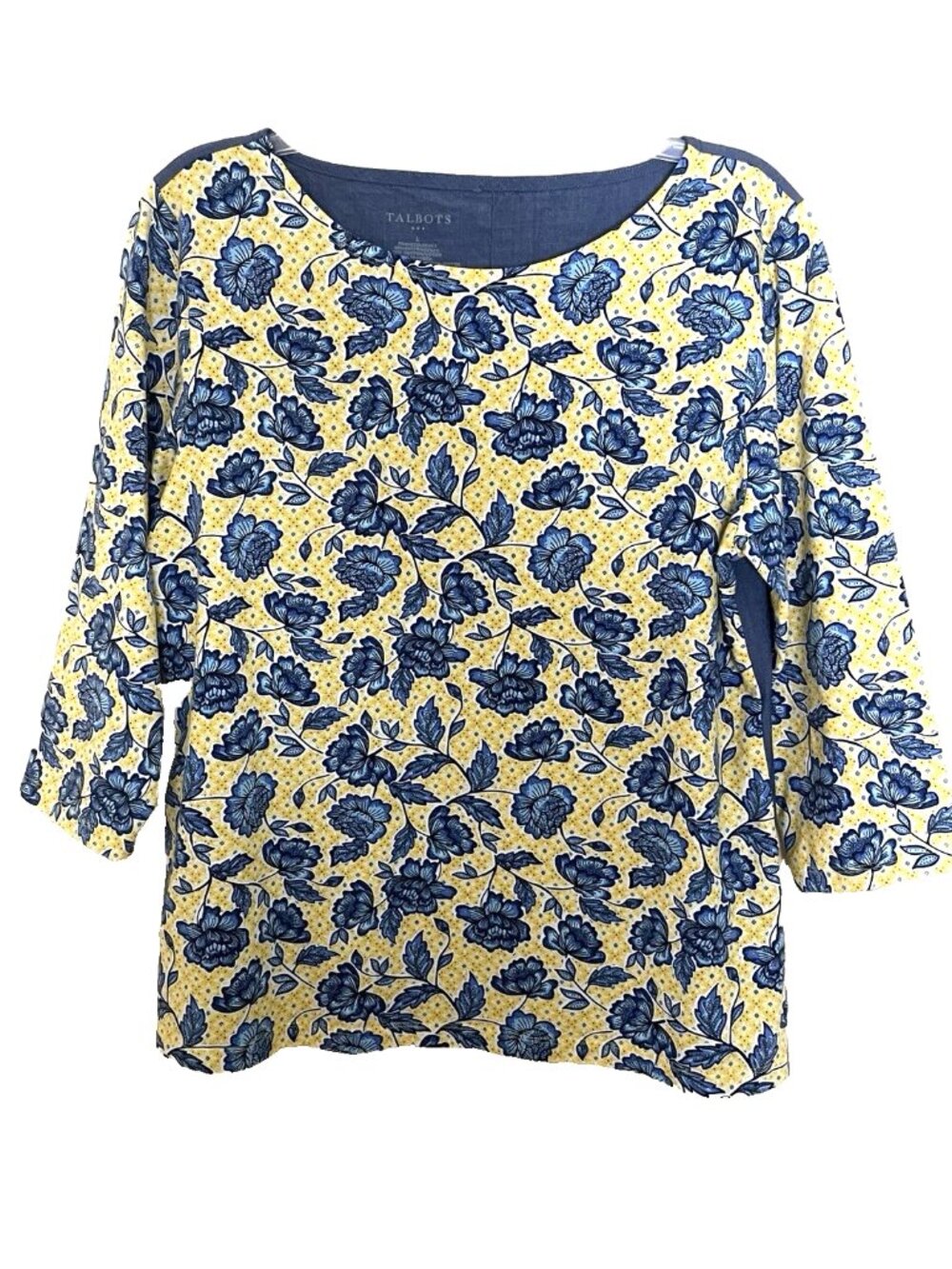 Talbots Blouse Top Women Large Blue Yellow Floral Casual 3/4 Sleeve Cottagecore